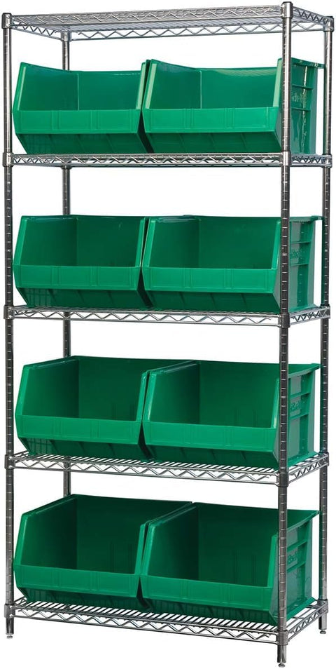 Green 3 Pack Stackable Plastic Storage Bins Space Saving Organizer For Garage Pantry Closet And Craft Room DIY Ready Heavy Duty 75 LB Capacity 18 By 16 By 11 Inches on shelving unit