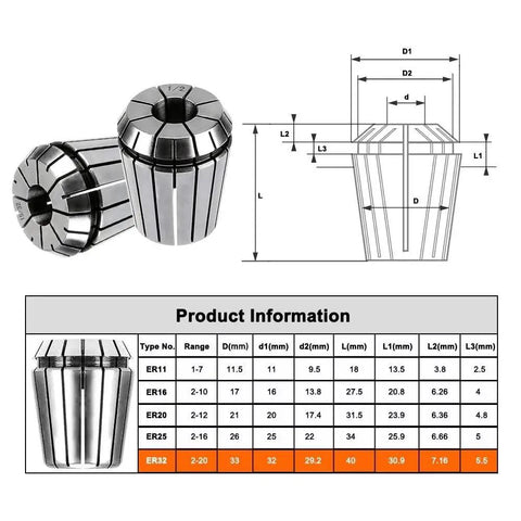 High Precision ER20 Collet Chuck Set For 4mm Bits Ideal For Pro Engraving and Machining Tools specifications and dimensions.