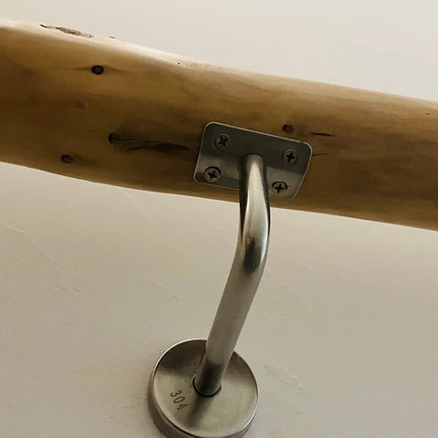 Close-up of Heavy Duty Solid Wood Stair Handrail featuring All Weather Non Slip Grip, wall mount details.