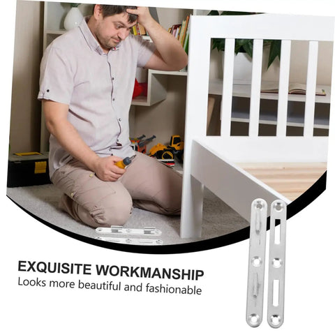 Man assembling furniture with Dang Sturdy Bed Rail Brackets 6 Pack With Hook Screws And Fasteners For Securing Wood Headboards To Frames Heavy Duty Metal Furniture Hardware Quick Setup.