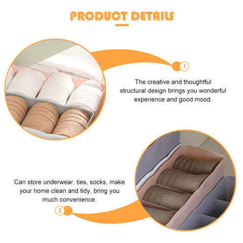 Six Piece Pink Plastic Underwear Drawer Organizer Set Smooth Dresser Storage Dividers with neatly arranged socks and underwear.