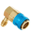 Automotive refrigerant adapter: Leak Saver 134A to 1/4 in low-side quick-connect, brass body with blue knurled collar