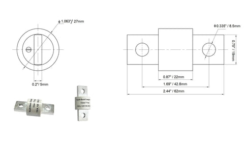 Diagram and dimensions of a 150 Amp Class T Fast Blow Fuse 5 Pack for DC Automotive RV Marine and Solar Power Systems UL Certified OEM Replacement