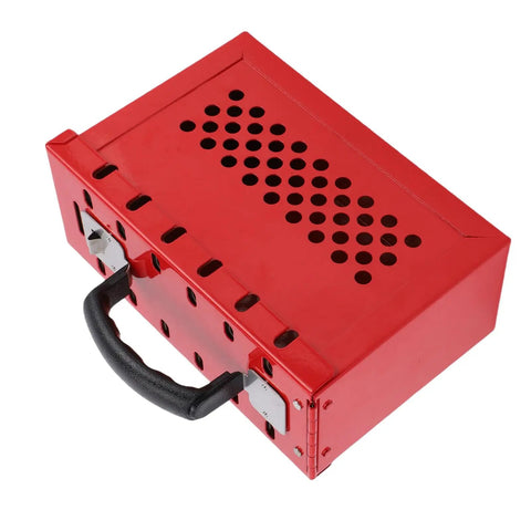 Heavy Duty Portable Group Lockout Box With 12 Piece Padlocks And 24 Keys Built Like A Tank For Industrial Sites Keeping Crew Safe And Gear Locked Down Tight Always, red nylon case with handle.