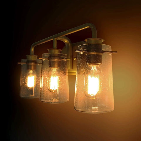 Three Light Gold Vanity Light With Seeded Glass Shades, Modern Matte Gold Bathroom Fixture For Vanity, Powder Room, Makeup Desk And Kitchen