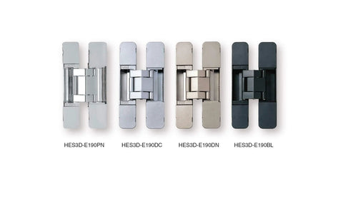 4 metal concealed hinges in different colors including matte black HES3D E190 for heavy doors, featuring 3-way adjustability.