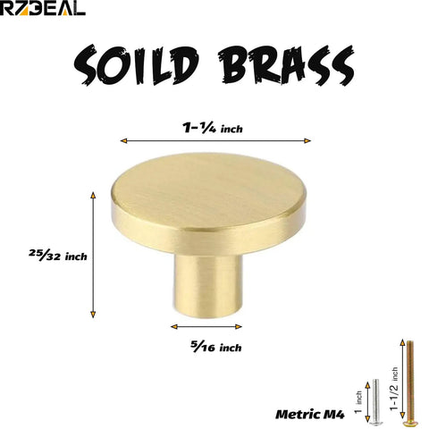 Image of Solid Brass Round Cabinet Knobs 4 Pack, Beefy Yet Sleek Dresser Drawer Pulls, Simple Decorative Kitchen Cabinet Door Handles, 1.26 Inch Diameter By 0.78 Inch, Durable Hardware For Cabinets And Doors, showing measurements and details.