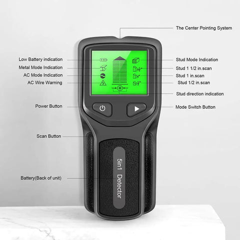 Close-up of 5 in 1 Stud Finder Wall Detector with Backlight showing buttons and display for detecting metal and studs.