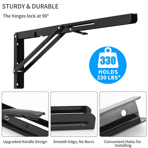 Super Heavy Duty 24 Inch Folding Shelf Brackets Black Sleek L Braces With 330 Pound Load Rating Set of 2 showing hinge design.