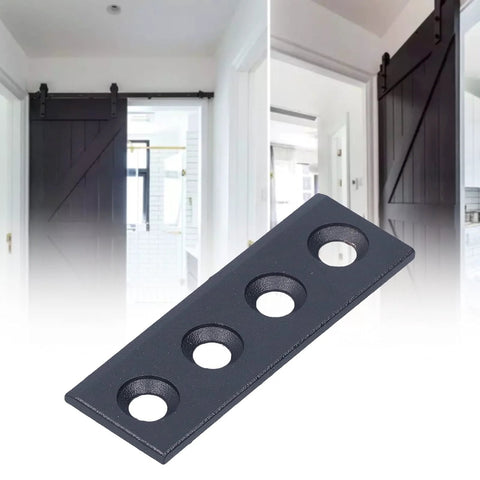 Track Connector Plate Kit For Sliding Barn Doors, Carbon Steel Hardware Fittings, 8x2.7cm, 4-Hole Fixation, visible in room setting.