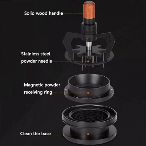 Height Adjustable 58Mm Espresso Stirrer Coffee Needle Distributor For Even Ground Spread Includes Cleanup Base, showing wood handle and stainless steel needle.