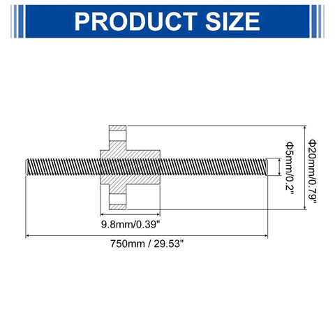 Diagram of Two 750mm TR5X1 Lead Screws With Brass Nut For 3D Printers, 1mm Pitch, 1 Start, 1mm Lead, 304 Stainless Steel Rods