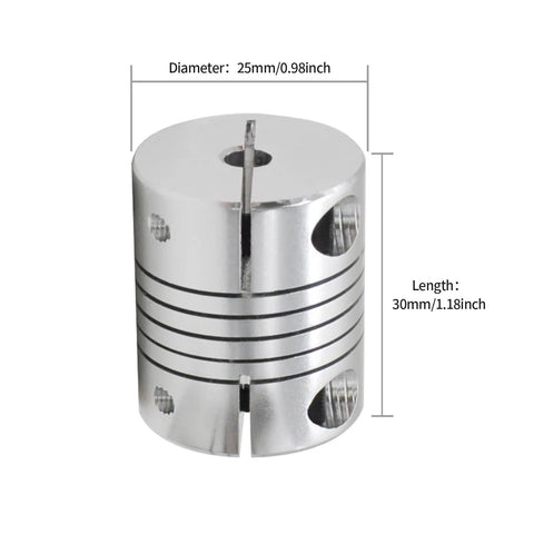 Close-up of 2 Pack Aluminum Alloy Shaft Coupler for Stepper Motors 6.35mm to 12mm, 30mm length, 25mm diameter, for 3D Printers and CNC Machines.