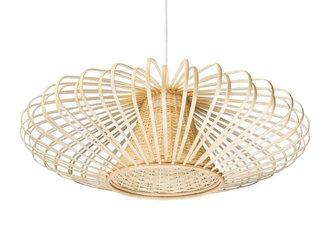 Handwoven Bamboori Discus Pendant Lamp In Natural Brown, 18 Inch Diameter, 9 In Height, bamboo wicker construction