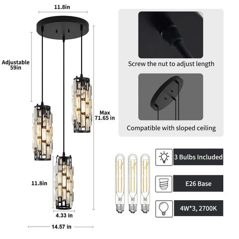 Diagram of 3 Light Pendant Chandelier With Bulbs Included, Modern Crystal Hanging Light Fixture, adjustable cord, matte black finish