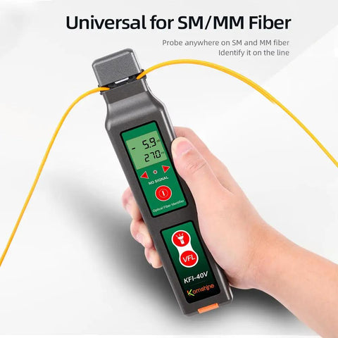 KFI-40 All-In-One Workhorse Optical Fiber Traffic Identifier With VFL Function held in hand, showing LED display