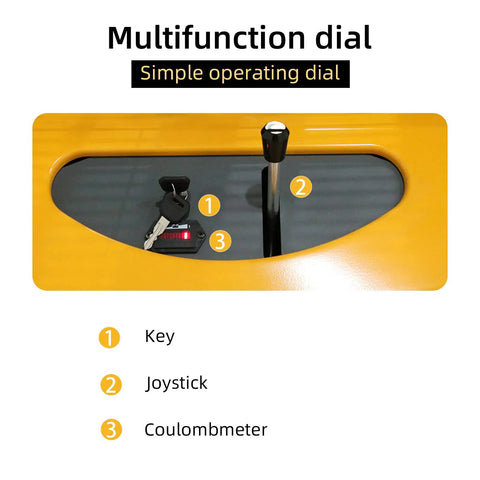 Heavy Duty Semi Electric Pallet Stacker control panel showing multifunction dial, keys, joystick and coulombmeter for ease of use.