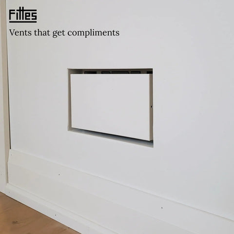 Lux Satin White Flush Wall Vent Cover In Solid Steel mounted on wall with sleek minimalist design, 6x14 inch size visible