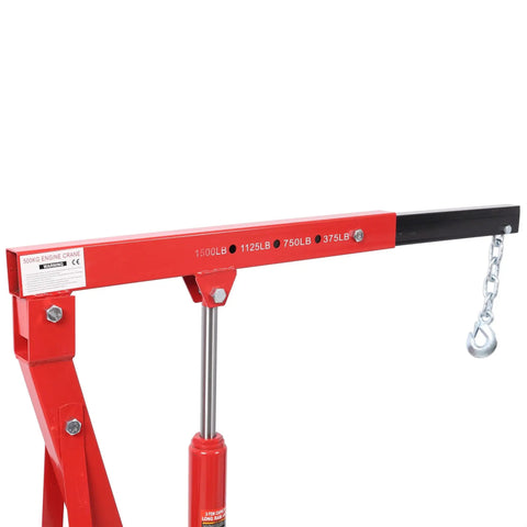 Straight Up Heavy Duty Folding Engine Hoist Cherry Picker Shop Crane With 1500 Lb Capacity adjustable boom and load ratings shown.