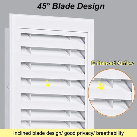 Top Shelf 24X24 Return Air Grille With Magnetic Louvered Access Door and Integrated Filter For Drywall Holes showing 45° blade design.