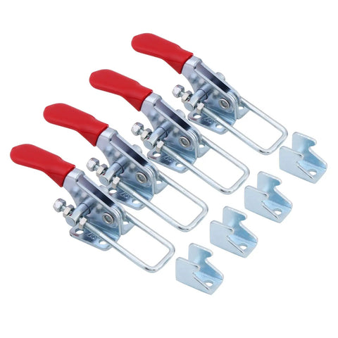 Heavy Duty Toggle Clamp Set With Ergonomic Grip For Metal Assembly And Welding Workholding Featuring 360 Lbs Holding Power, four clamps with red grips.