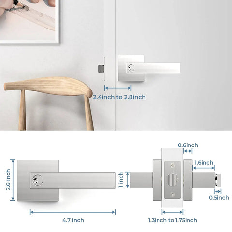 Three Piece Door Knob Set With Lock And Key In Polished Chrome shown on a white door with measurements in inches for installation.