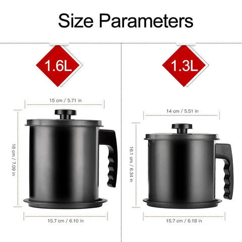 Sizzlin Bacon Grease Catcher With Fine Mesh Filter Seven Cup Heavy Duty Iron Fat Jar shown with size parameters of 1.3L and 1.6L.