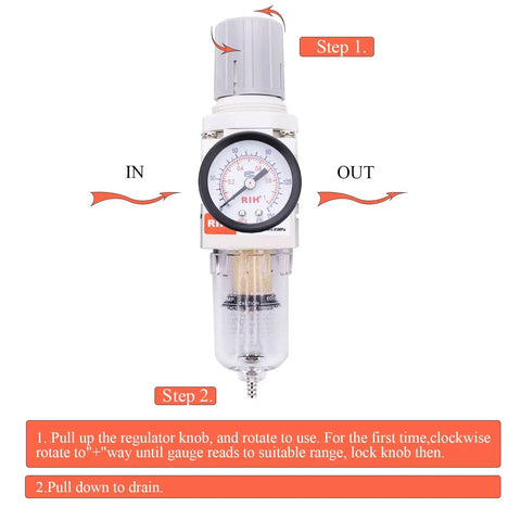 Front view of Pro Grade 1/4 Inch NPT Air Filter Regulator Combo Piggyback With 5 Micron Brass Element Poly Bowl and gauge