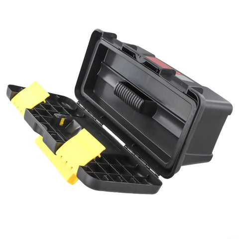 10 Inch Plastic Toolbox With Dual Layer Organization open view showing compartments and handle for electricians and carpenters.