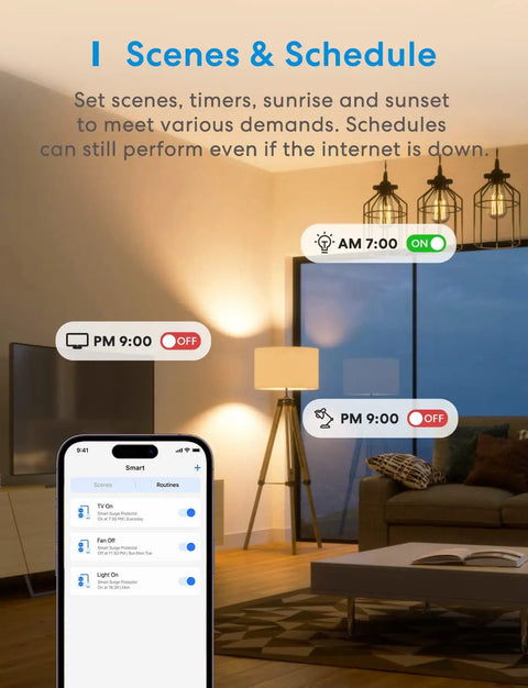 Living room with smart scheduling app on phone, Smart Power Strip With Four Outlets And Four USB Ports, WiFi Enabled Flat Outlet