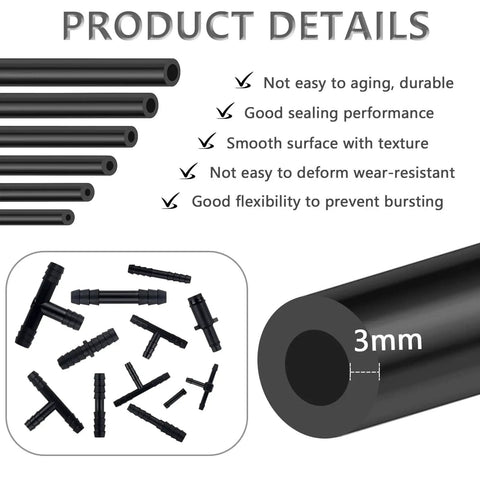All In One Vacuum Line Kit With Six Five-Foot Hoses And 113 Connectors, Silicone Vacuum Tubing For Car Piping System, Auto Replacement Hoses Up To 130 PSI showing 3mm diameter and connectors.