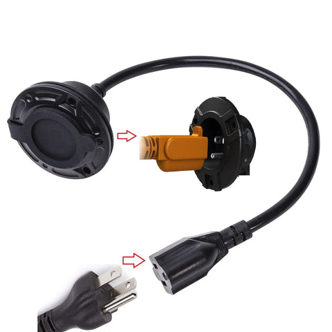 No Sweat Waterproof Rv Shore Power Inlet With Integrated 16 Inch Extension Cord 15 Amp 125 Volt AC Port Receptacle Box for Campers and Trailers close-up view.
