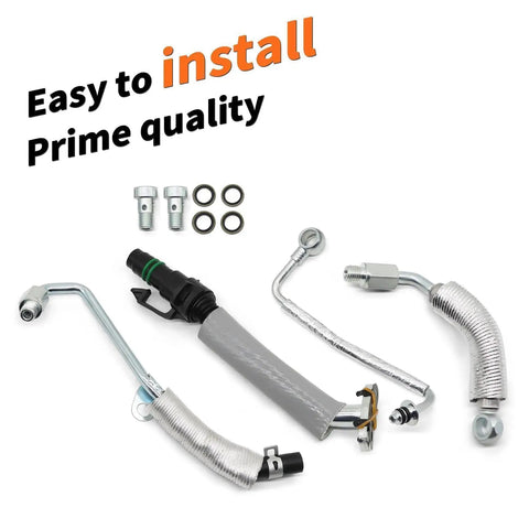 Turbo Oil Return Drain Line And Oil Feed Pipe Kit, 4 Piece Set, Fits Encore Sonic Cruze Trax 1.4L L4 Engines on white background