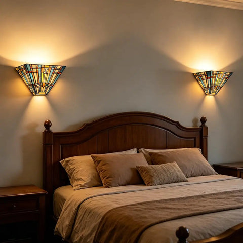 Bedroom with Tiffany Style Wall Sconce With Stained Glass Shade, Mission Inspired Lamp For Living Room Or Bedroom, 1 Light Fixture Delivers Cozy Warm Glow And Classic Vintage Vibe
