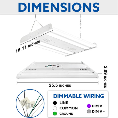 LED High Bay Light With Motion Sensor 161W 21735 Lumens 5000K Daylight, dimensions and dimmable wiring details shown