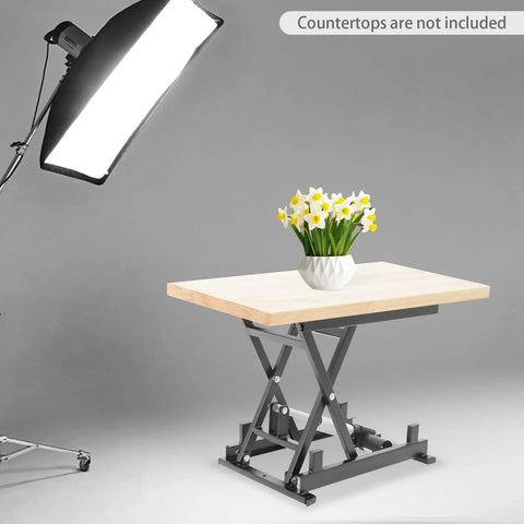 Heavy Duty Electric Lift Table With 250 Lb Capacity Single Scissor Design Foldable Hydraulic Platform Includes Remote Control For Easy Material Transport And Adjustable Height Between Small And Big Jobs with wooden top and flowers.