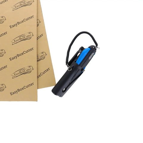 Heavy Duty Box Cutter With Three Adjustable Blade Depths And Precision Edge Guide Slick Utility Knife Featuring Integrated Holster and Kick Ass Grip on a cardboard background.