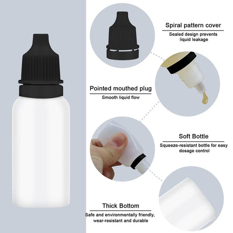 Top Shelf Real Deal 50 Pack Thin Tip Dropper Bottles 15Ml Black Plastic Squeeze Vials With Secure Screw Caps And Nifty Small Funnels Easy To Use For Mixing Herbs Oils Travel with pointed mouthed plug and thick bottom.