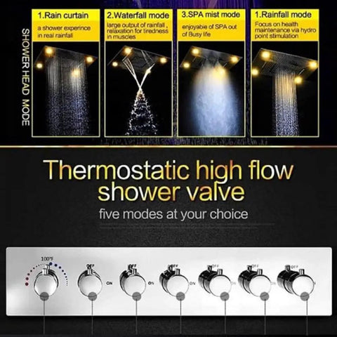Top Notch LED Ceiling Shower Panel With Built In Bluetooth Speaker And Six Spray Functions Including Rainfall Waterfall And Body Mist For A Chill Spa Upgrade In Antique Brass showing thermostatic high flow shower valve with five modes.