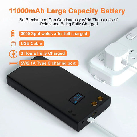 Portable Mini Spot Welder With LCD Screen 11000mAh Battery 80 Adjustable Power Settings 0.1 Increments connected to a power strip