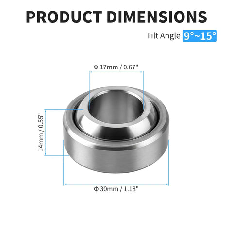 Heavy Duty GE17C Radial Spherical Plain Bearing Set Of 2 With 17 Millimeter Inner Diameter And 30 Millimeter Outer Diameter Precision Fit For Industrial Machines That Kick Butt, showing product dimensions.