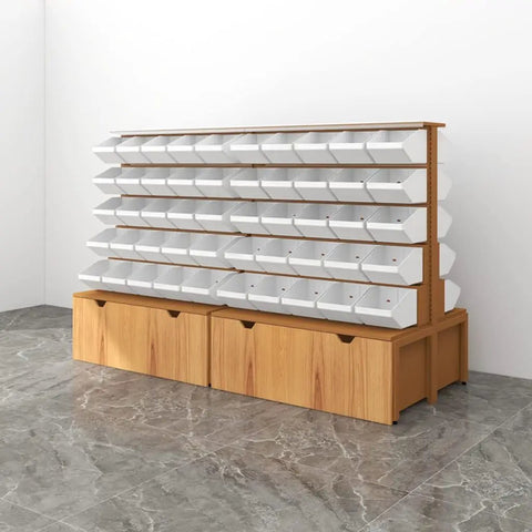 Badass 5 Tier Storage Rack, Double Sided Industrial Metal Shelving Unit With Wood Finish Cabinet, spacious with multiple storage bins.