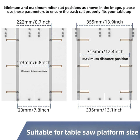 Dimensions and miter slot positions for Table Saw Crosscut Sled With Aluminum Track Adjustable Woodworking Jig Router Sled Kit.