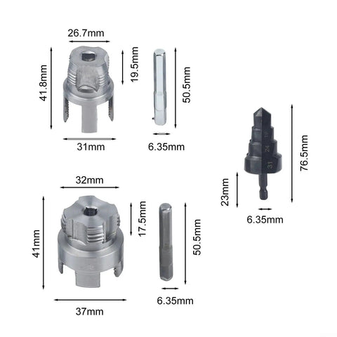 Fabulettas Step Drill Bit And Pipe Threader Kit Makes Plugging 1/2 And 3/4 Inch Pipes A Total Breeze With Built-In Deburring Tool And Electric Drill Adapter For Quick DIY Fixes; metal kit with 6.35mm shank, 19.5mm and 31mm heads