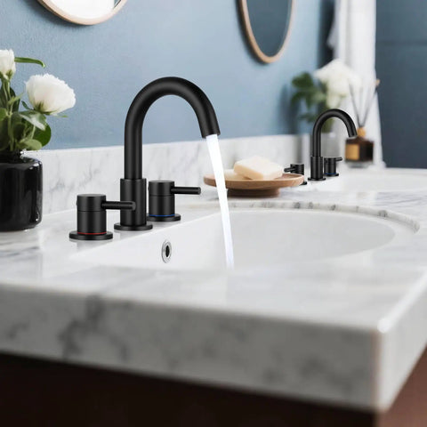 Black 8 Inch Widespread Bathroom Faucet For 3 Hole Sinks With Pop Up Drain, 360 Degree Swivel Two Handle Vanity Faucet on marble