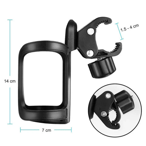 Universal Stroller Cup Holder With 360-Degree Swivel, Spill-Proof Bottle Holder for strollers, 14x7 cm dimensions and clamp detail