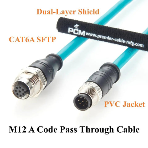 M12 A Code 8 Pin Male To Female Extension Cable With Front Panel Bulkhead Mount IP67 Shielded CAT6A Pro Grade Industrial Ethernet For Sensors, Robotics, Machine Vision And Automation 0.3m, teal PVC jacket