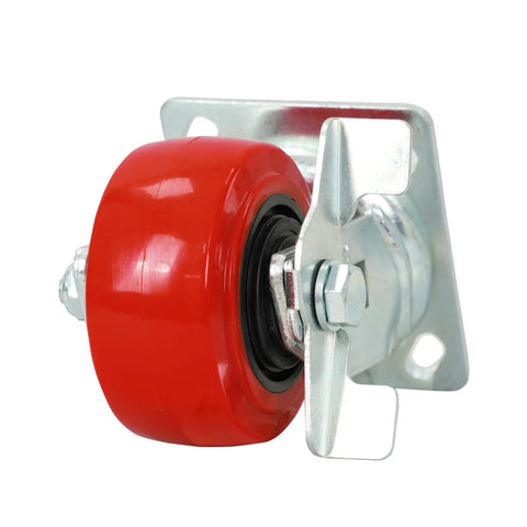 Heavy Duty 4 Inch Red Polyurethane Swivel Caster With Wheel Brake, 550 Lbs Rugged Capacity, close-up of wheel and bracket.