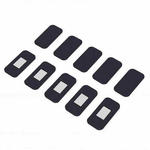 20 Piece Magnetic Cabinet Door Catch Set In Stainless Steel With Adhesive Mount shown laid out in rows.