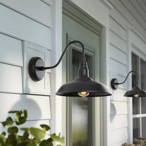 Black Gooseneck Barn Light With 10 Inch Dome Exterior Wall Mount Lamp for farmhouse on outdoor porch in matte black finish